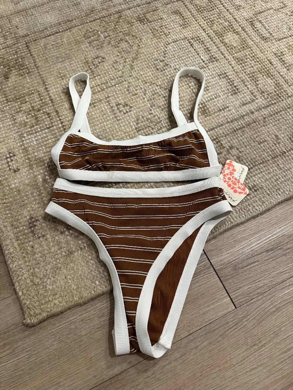 KYA SWIM Marlow Stripe Bikini Top Josie Bikini Bottom in Toffee Size X-Small NWT